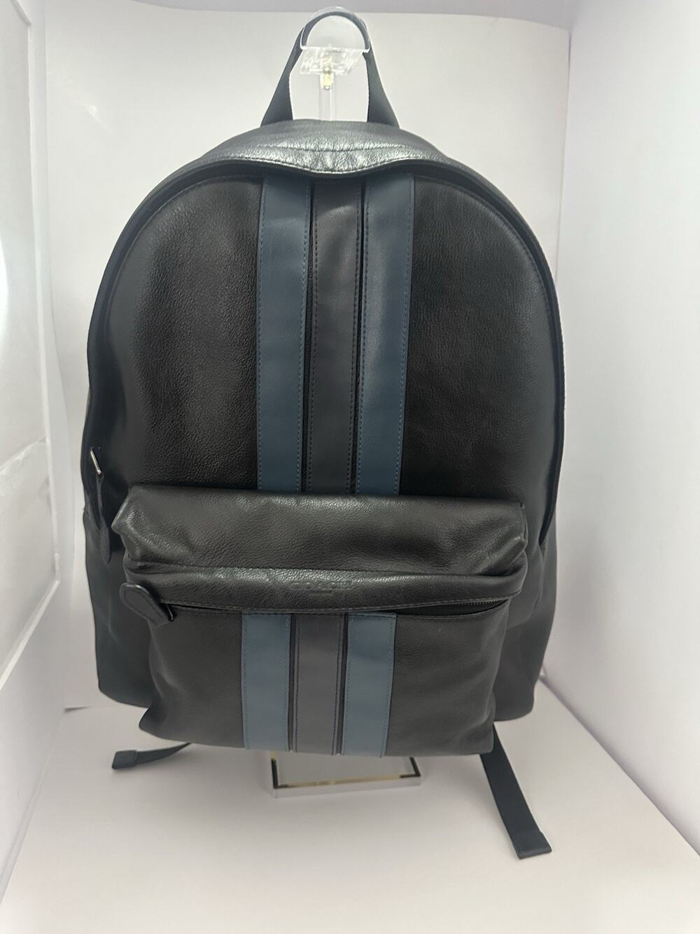 Coach Black Leather Backpack Blue Stripe Men’s Large Travel Laptop Bag